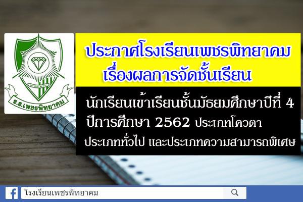 ประกาศโรงเรียนเพชรพิทยาคม เรื่อง ผลการจัดชั้นเรียนนักเรียนเข้าเรียนชั้นมัธยมศึกษาปีที่ ๔ ปีการศึกษา ๒๕๖๒ ประเภทโควตา ประเภททั่วไป และประเภทความสามารถพิเศษ