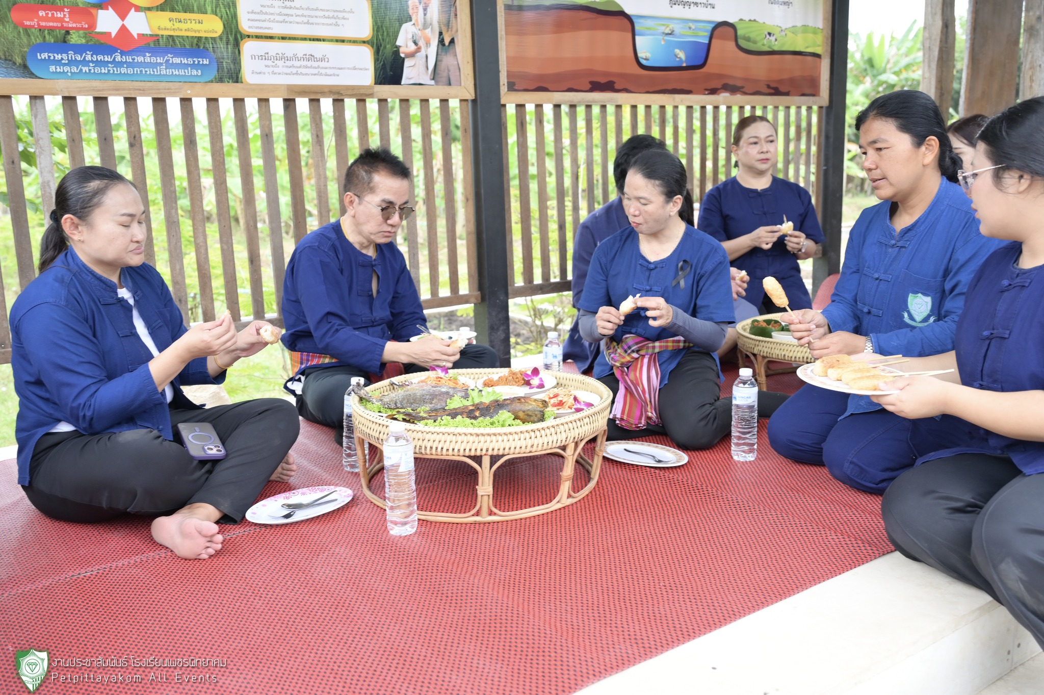 คณะครูและนักเรียนร่วมถ่ายภาพหน้าป้ายบ้านพ่อ