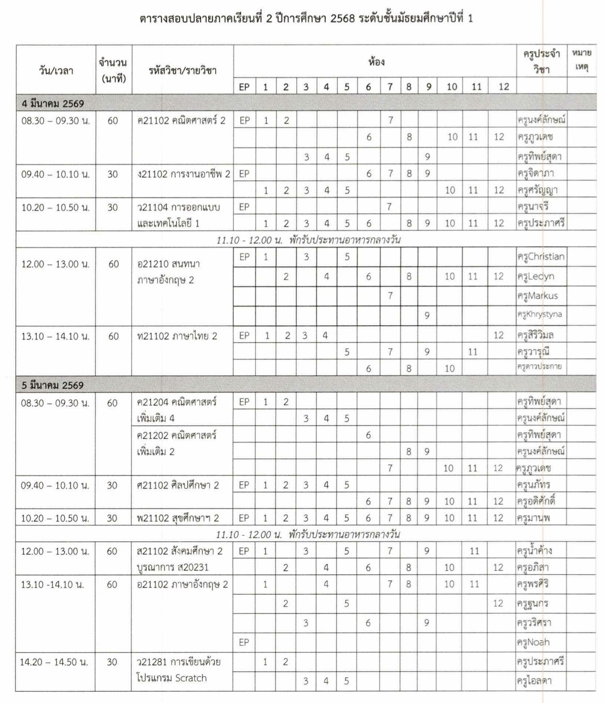 ตารางสอบปลายภาค ม.1