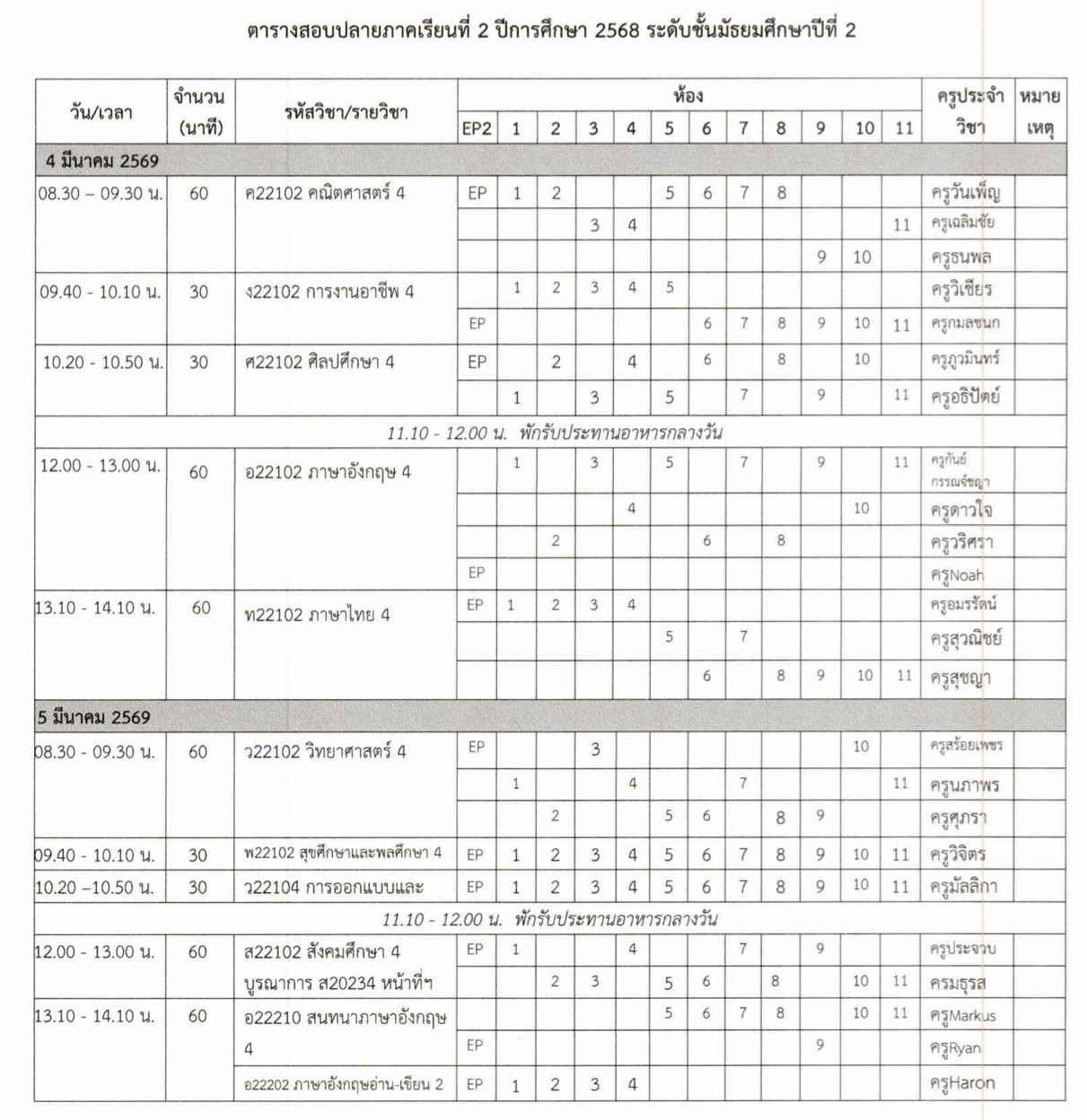 ตารางสอบปลายภาค ม.2