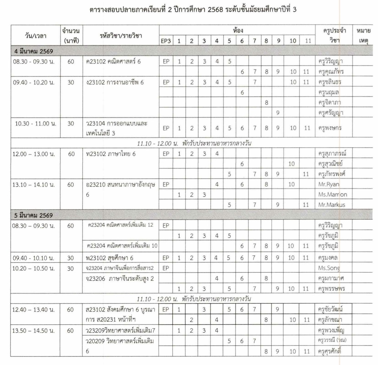 ตารางสอบปลายภาค ม.3