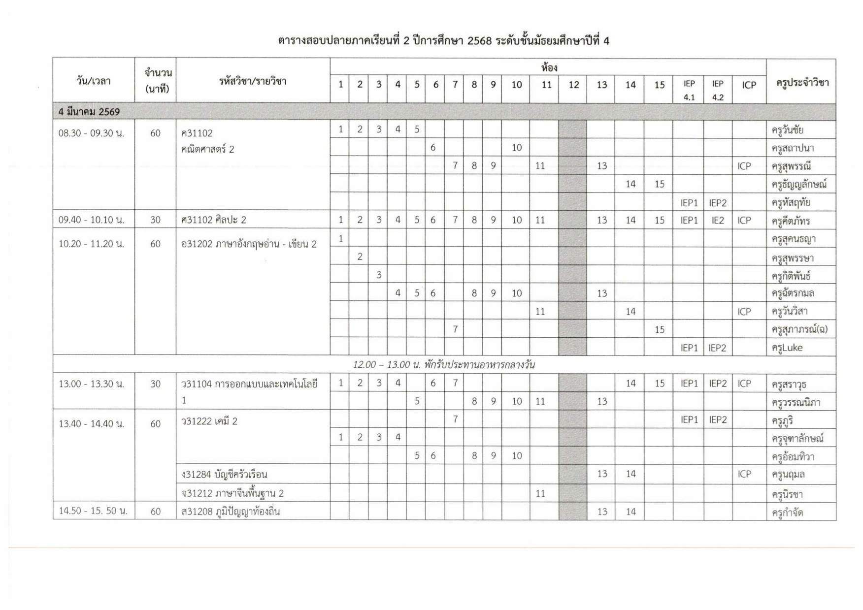 ตารางสอบปลายภาค ม.4