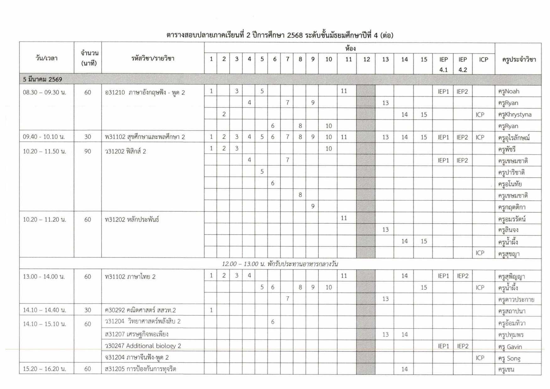 ตารางสอบปลายภาค ม.4