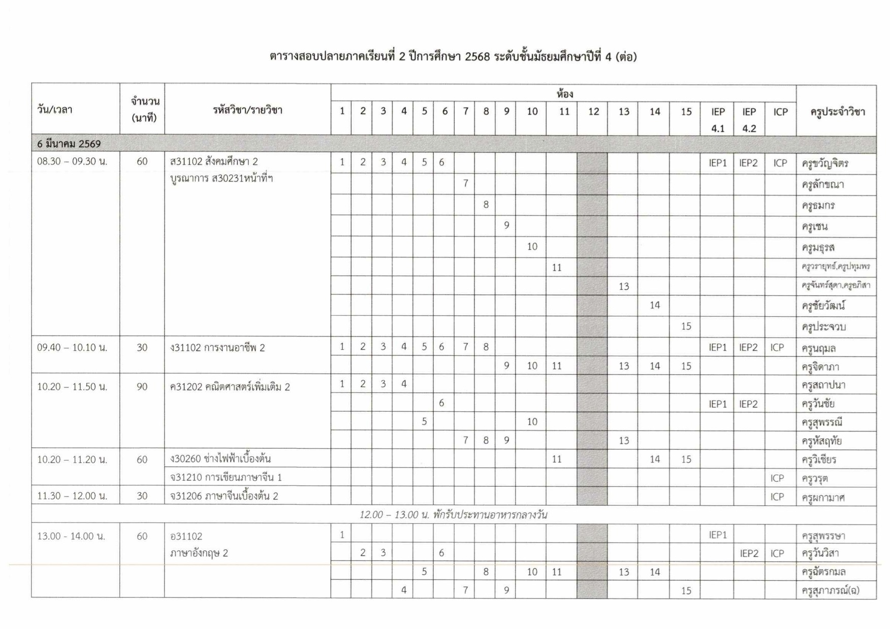 ตารางสอบปลายภาค ม.4