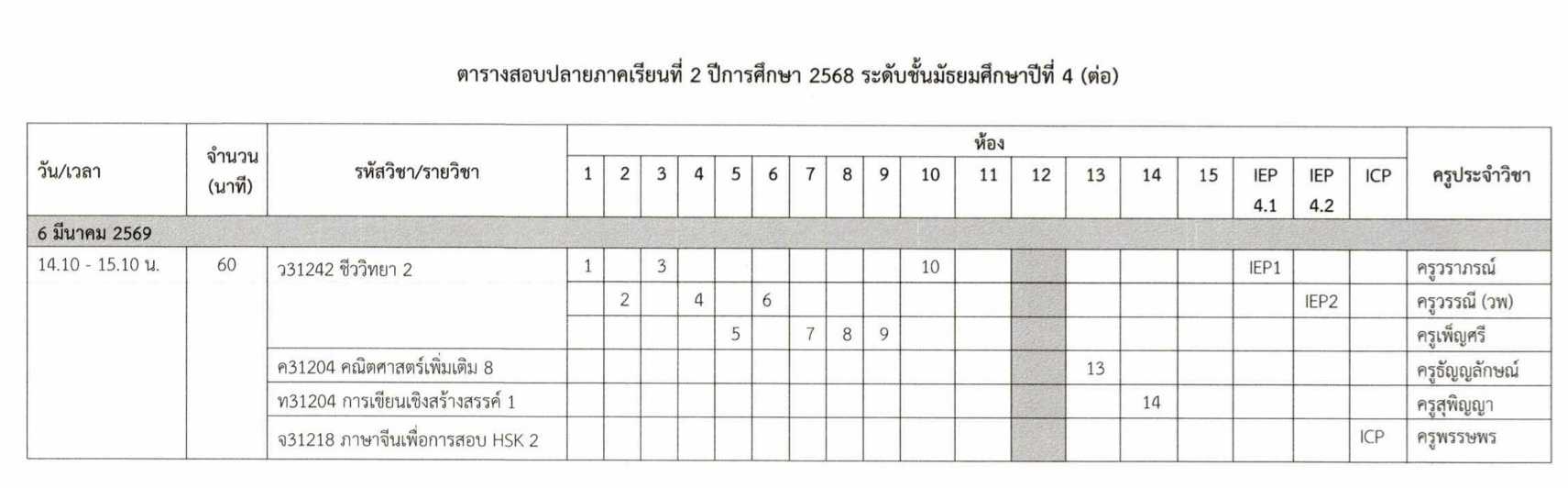 ตารางสอบปลายภาค ม.4