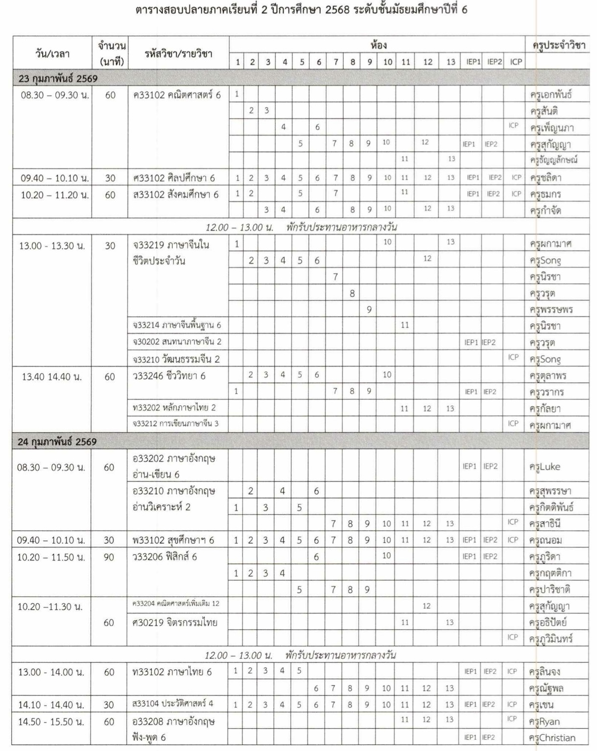 ตารางสอบปลายภาค ม.6